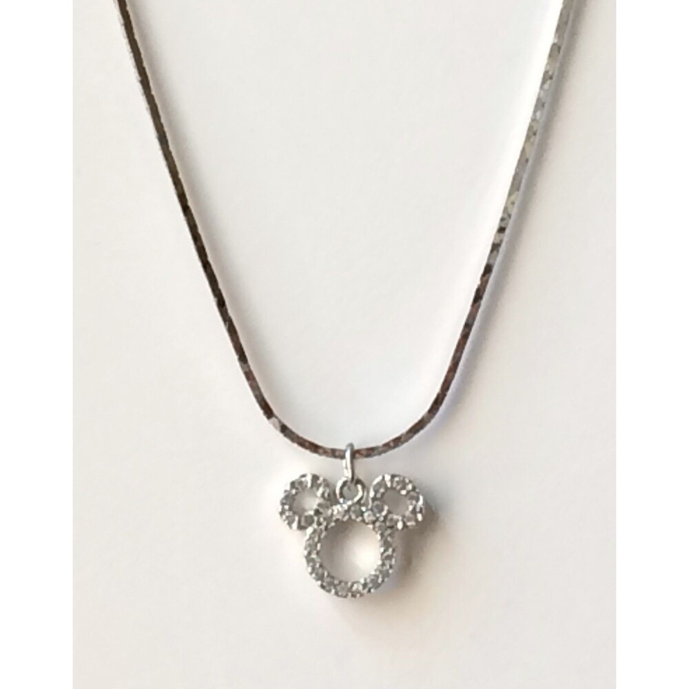 Vtg Disney Mickey Mouse Ears Necklace 19-21" Silver Plated Crystal Disneyana